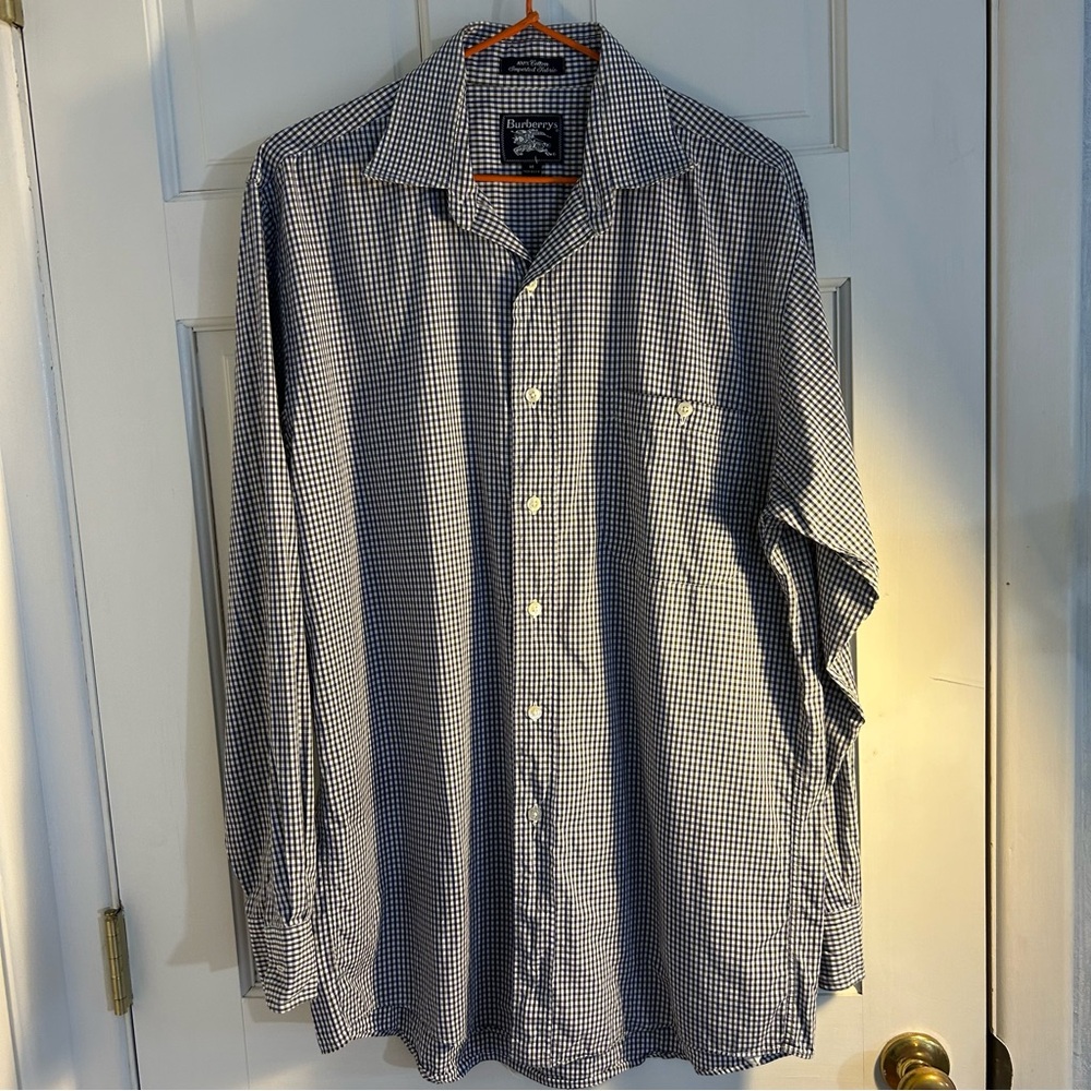 vintage Burberrys of London Navy and White Gingham Dress Shirt